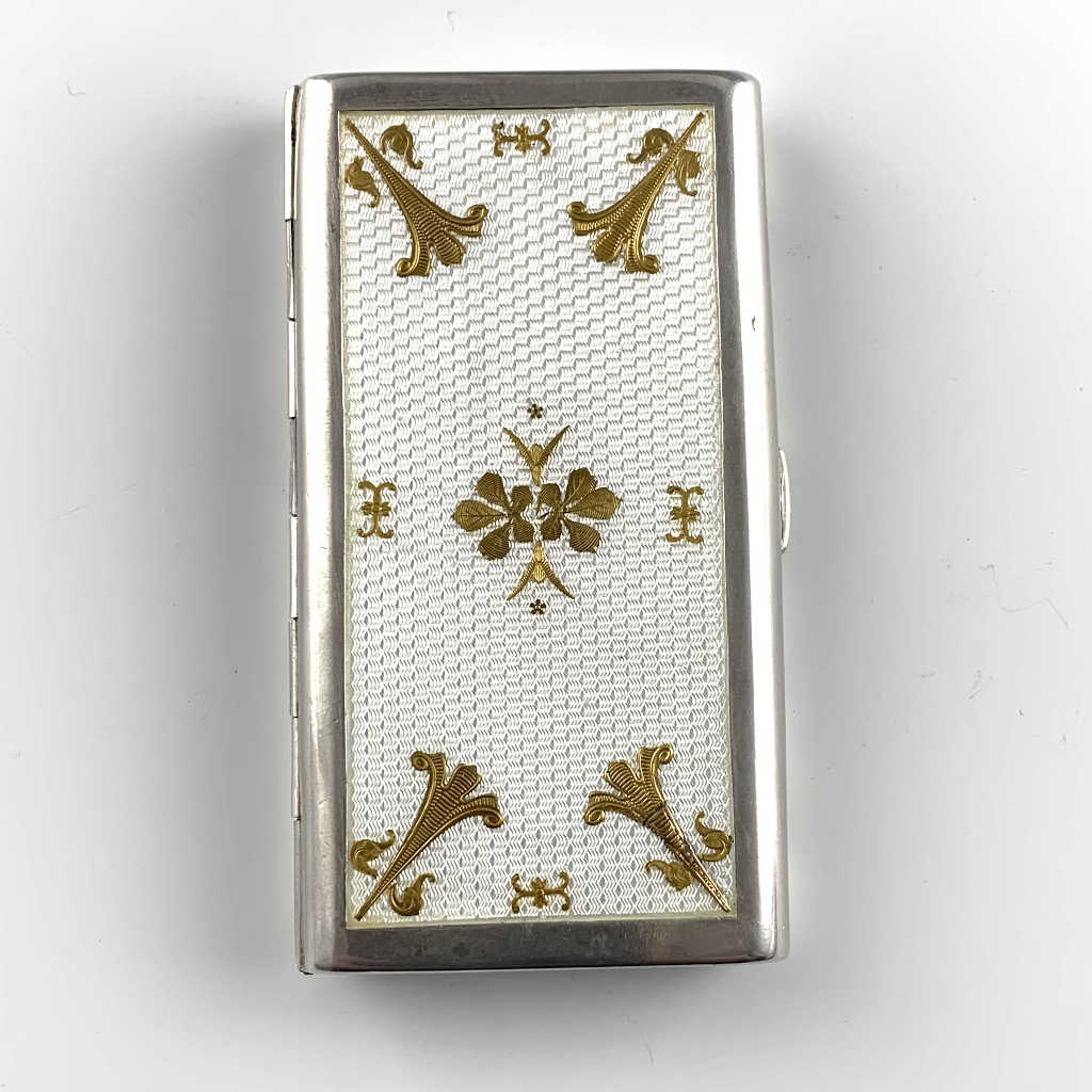 Antike Zigarettendose, 900 Silber, transluzides Email, Goldfolien  Applikationen